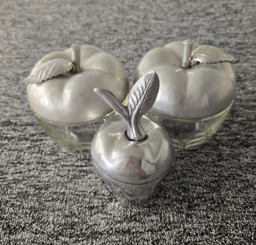 2 Decorative Glass & Pewter Apple Jars & 1 Solid Pewter Trinket Box Leaf Stems
